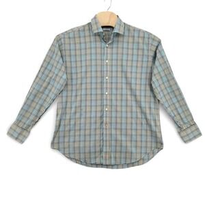 Thomas Dean Mens XL Button Down Shirt Cotton Plaid Blue Green Casual